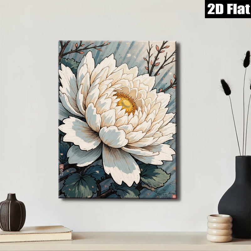 2D flat 1pc blooming white lotus floral wall art canvas print botanical home decor farmhouse bedroom living room gallery wrapped modern minimalist style