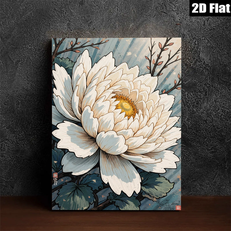 2D flat 1pc blooming white lotus floral wall art canvas print botanical home decor farmhouse bedroom living room gallery wrapped modern minimalist style