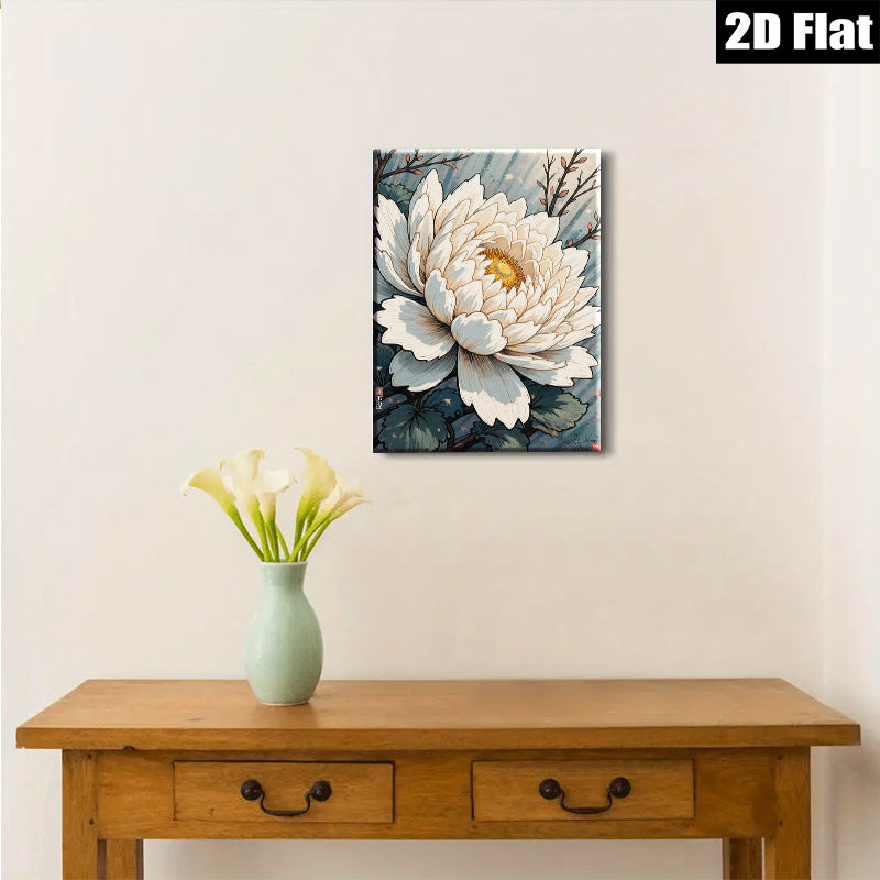 2D flat 1pc blooming white lotus floral wall art canvas print botanical home decor farmhouse bedroom living room gallery wrapped modern minimalist style