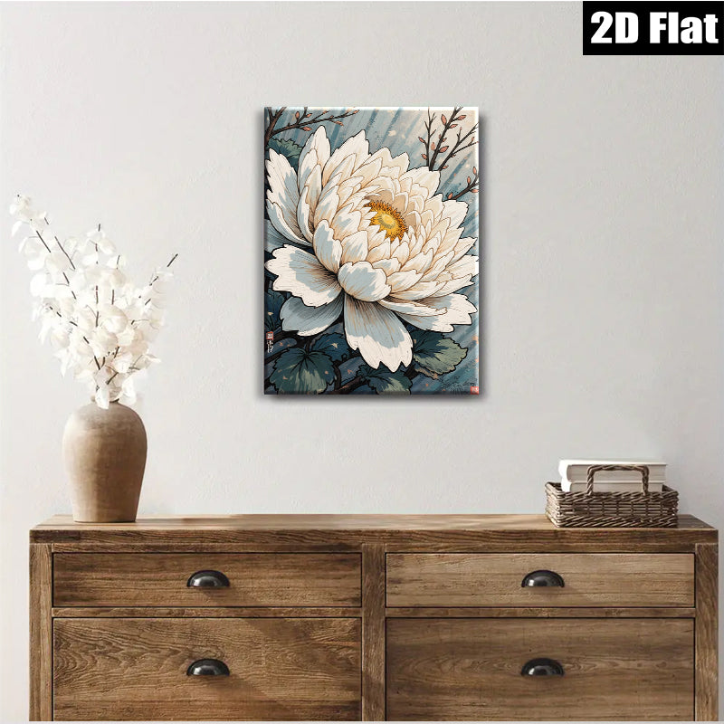 2D flat 1pc blooming white lotus floral wall art canvas print botanical home decor farmhouse bedroom living room gallery wrapped modern minimalist style