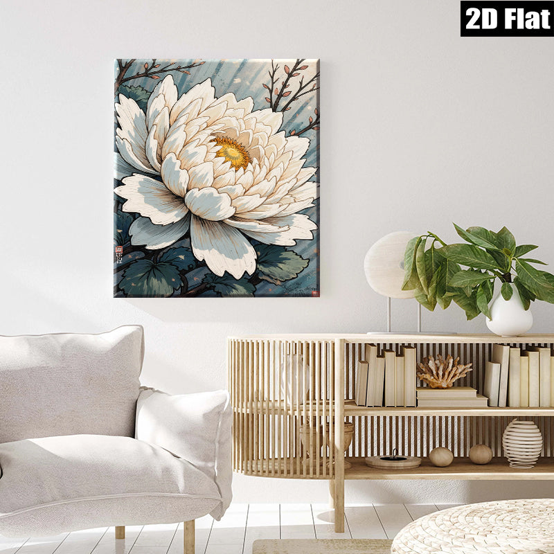 2D flat 1pc blooming white lotus floral wall art canvas print botanical home decor farmhouse bedroom living room gallery wrapped modern minimalist style