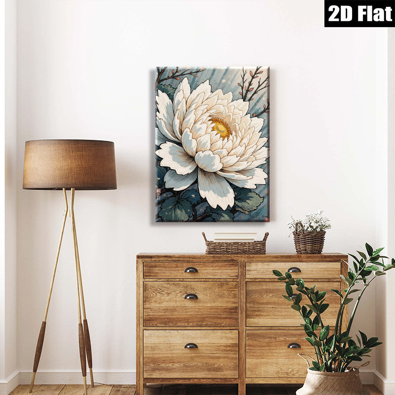 2D flat 1pc blooming white lotus floral wall art canvas print botanical home decor farmhouse bedroom living room gallery wrapped modern minimalist style
