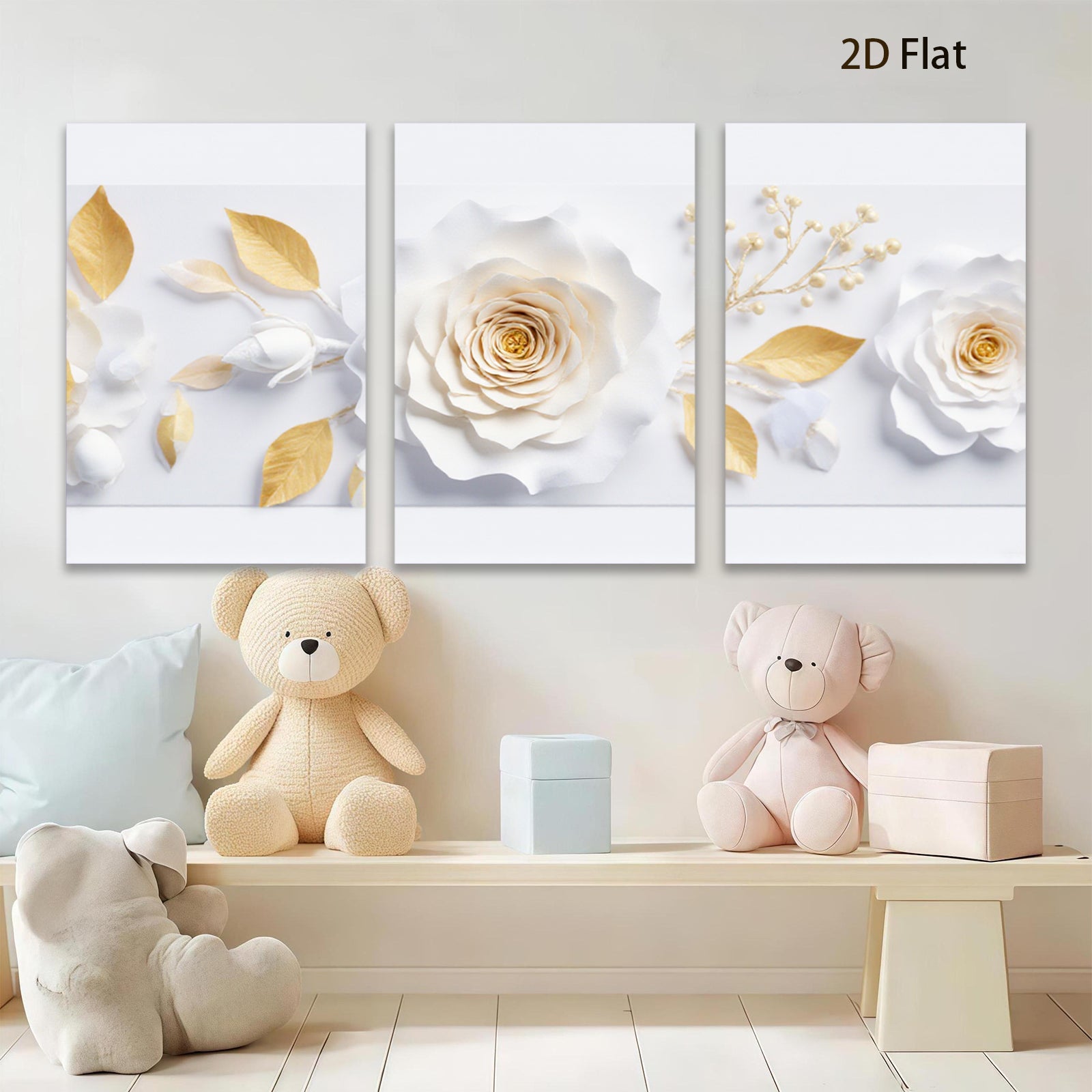 2D flat 1pc blooming white roses gold leaves botanical wall art canvas prints for living room bedroom farmhouse decor modern gallery wrapped timeless elegance