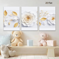 2D flat 1pc blooming white roses gold leaves botanical wall art canvas prints for living room bedroom farmhouse decor modern gallery wrapped timeless elegance