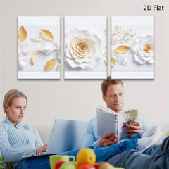 2D flat 1pc blooming white roses gold leaves botanical wall art canvas prints for living room bedroom farmhouse decor modern gallery wrapped timeless elegance