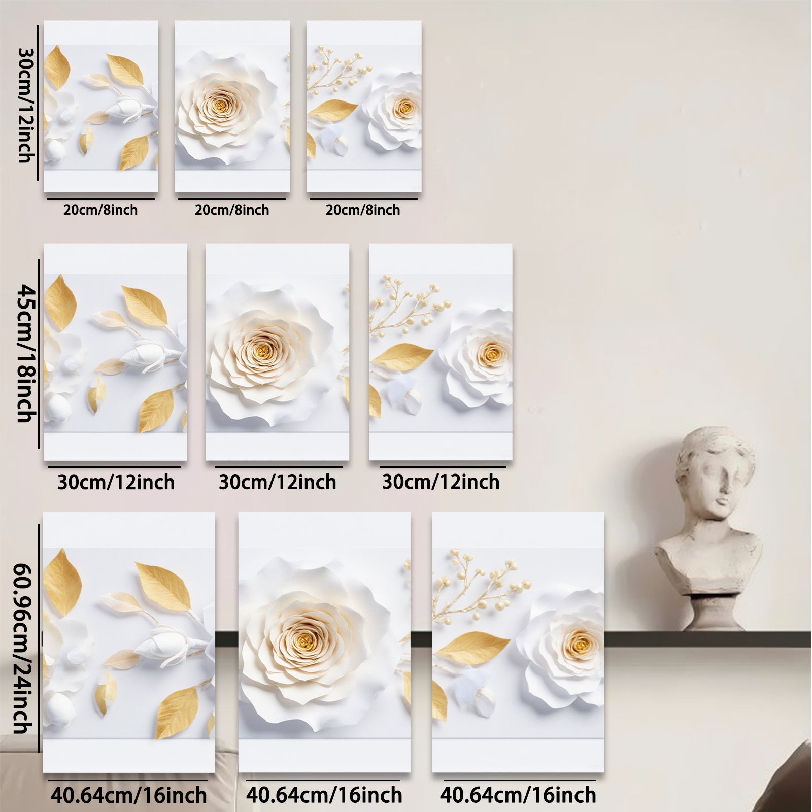 2D flat 1pc blooming white roses gold leaves botanical wall art canvas prints for living room bedroom farmhouse decor modern gallery wrapped timeless elegance