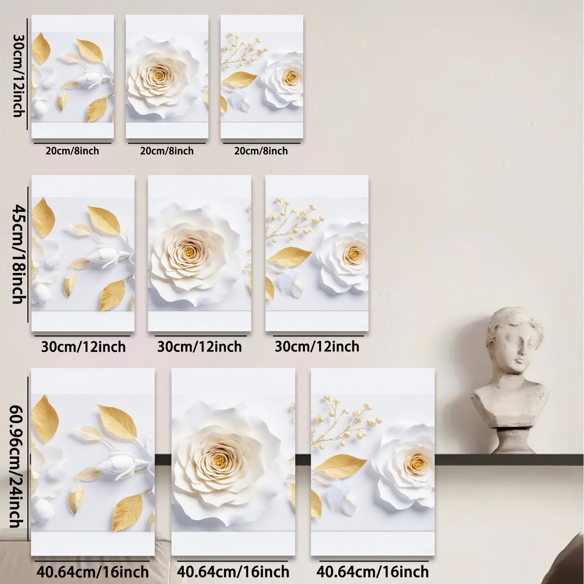 2D flat 1pc blooming white roses gold leaves botanical wall art canvas prints for living room bedroom farmhouse decor modern gallery wrapped timeless elegance