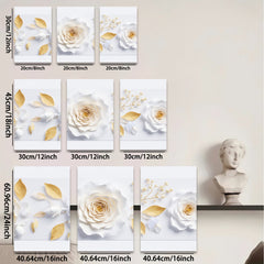 2D flat 1pc blooming white roses gold leaves botanical wall art canvas prints for living room bedroom farmhouse decor modern gallery wrapped timeless elegance