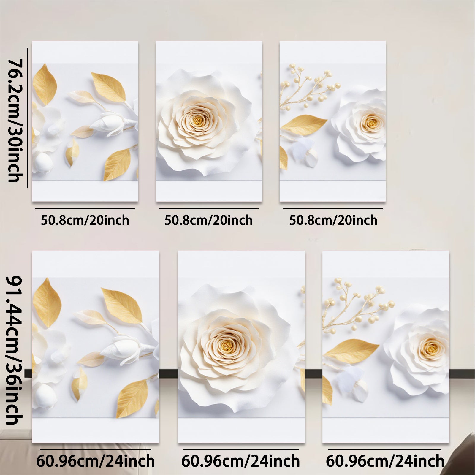 2D flat 1pc blooming white roses gold leaves botanical wall art canvas prints for living room bedroom farmhouse decor modern gallery wrapped timeless elegance