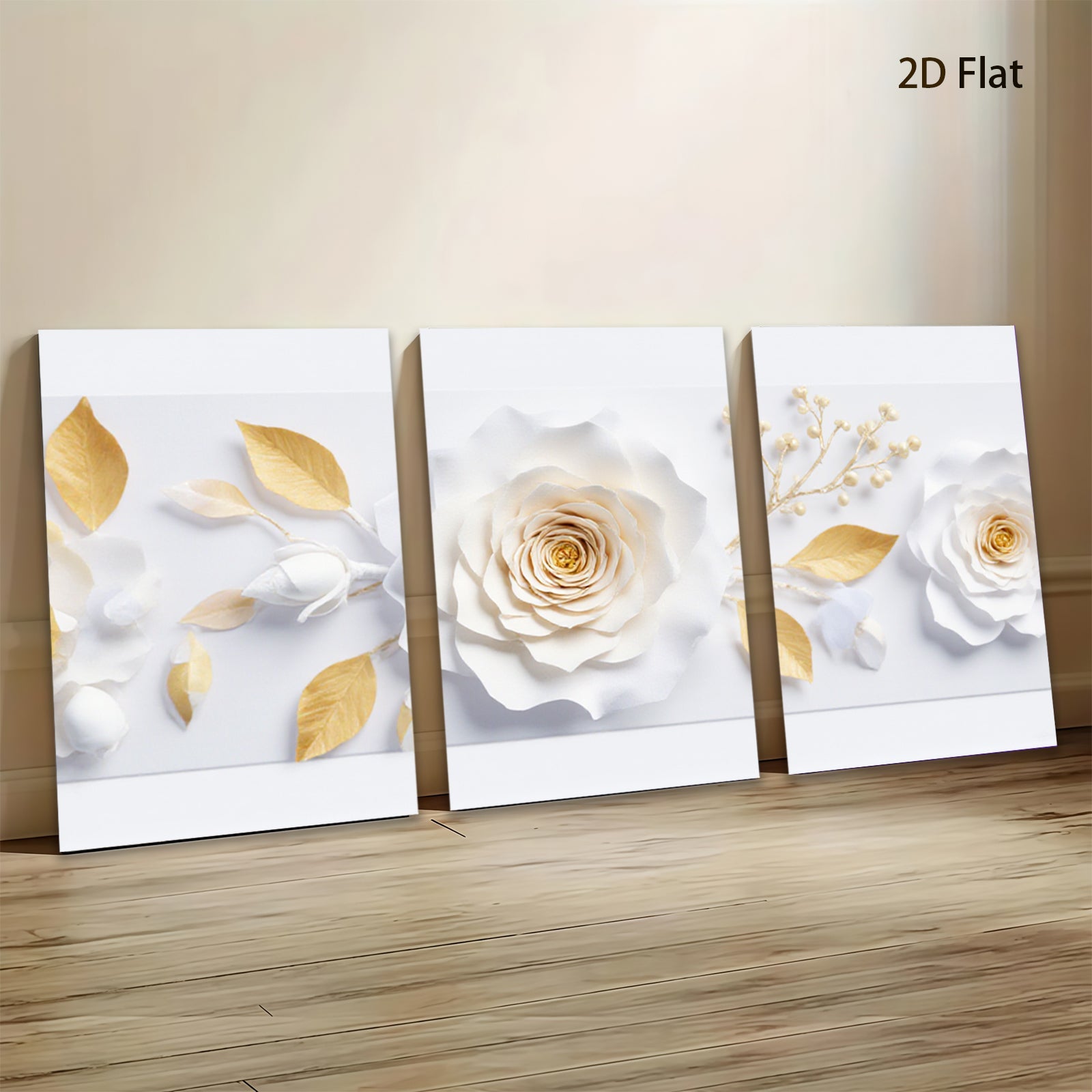 2D flat 1pc blooming white roses gold leaves botanical wall art canvas prints for living room bedroom farmhouse decor modern gallery wrapped timeless elegance