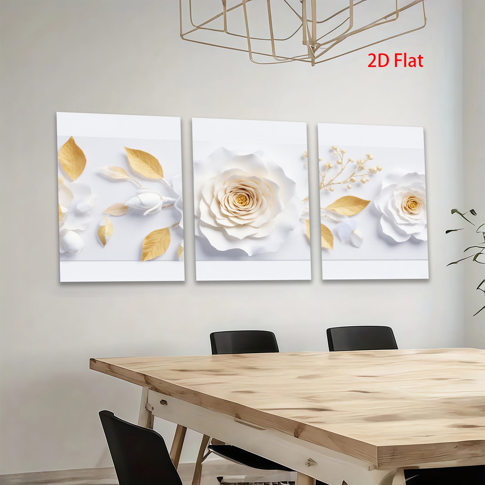 2D flat 1pc blooming white roses gold leaves botanical wall art canvas prints for living room bedroom farmhouse decor modern gallery wrapped timeless elegance