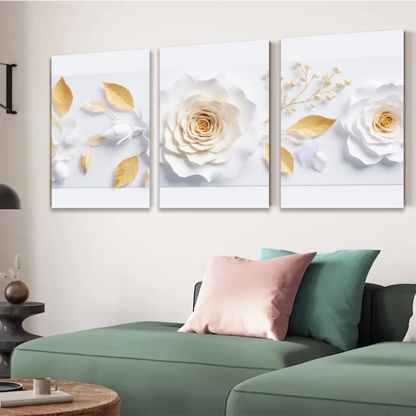 2D flat 1pc blooming white roses gold leaves botanical wall art canvas prints for living room bedroom farmhouse decor modern gallery wrapped timeless elegance