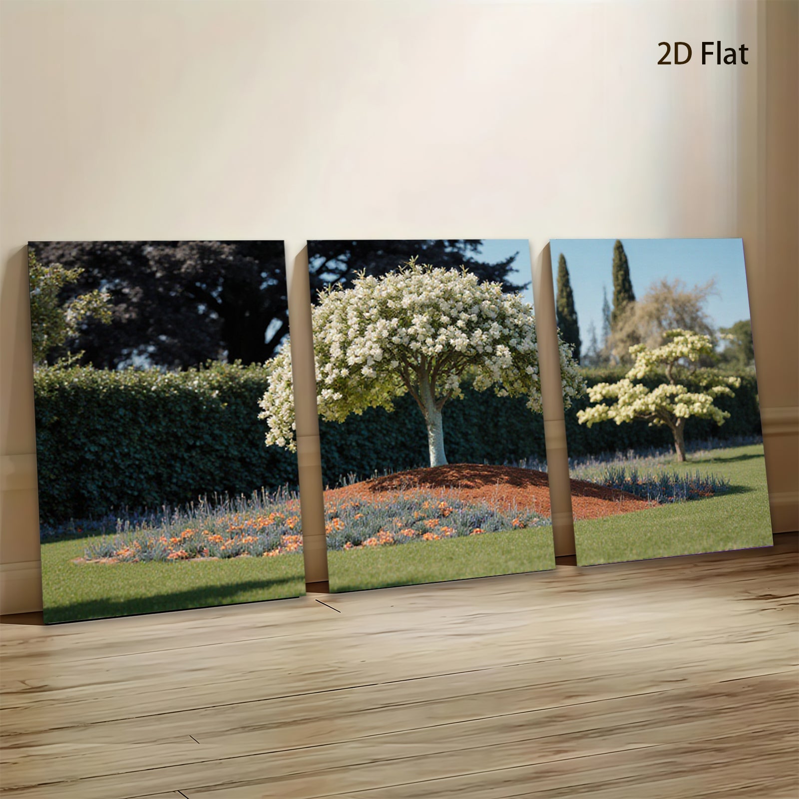 2D flat 1pc blooming white tree vibrant garden scene wall decor living room bedroom farmhouse modern gallery wrapped canvas print cozy home decor