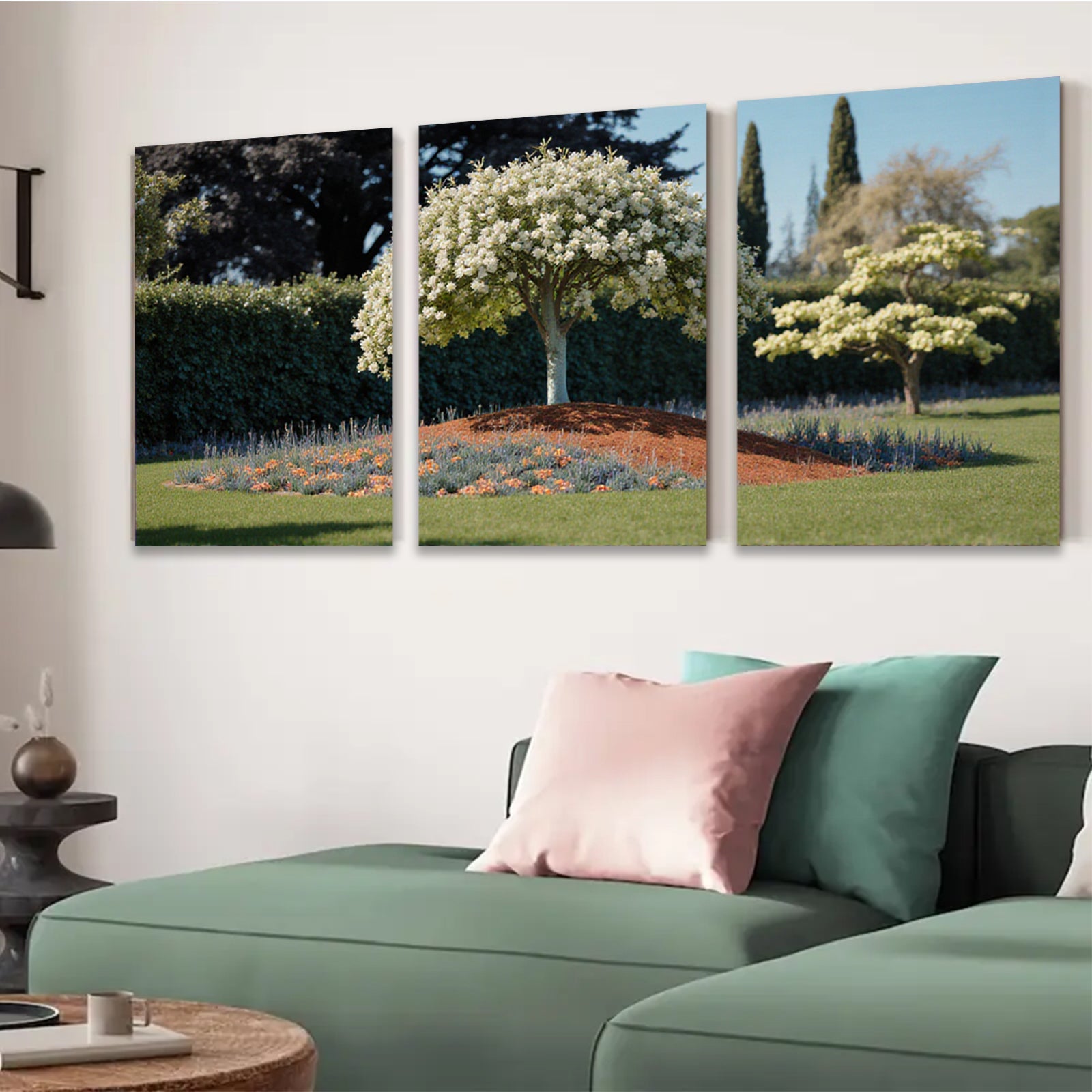 2D flat 1pc blooming white tree vibrant garden scene wall decor living room bedroom farmhouse modern gallery wrapped canvas print cozy home decor