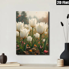 2D flat 1pc blooming white tulips field spring floral wall art canvas prints for living room bedroom home decor farmhouse style modern botanical inspirational cozy gallery wrapped