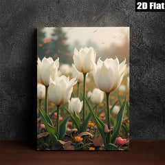 2D flat 1pc blooming white tulips field spring floral wall art canvas prints for living room bedroom home decor farmhouse style modern botanical inspirational cozy gallery wrapped