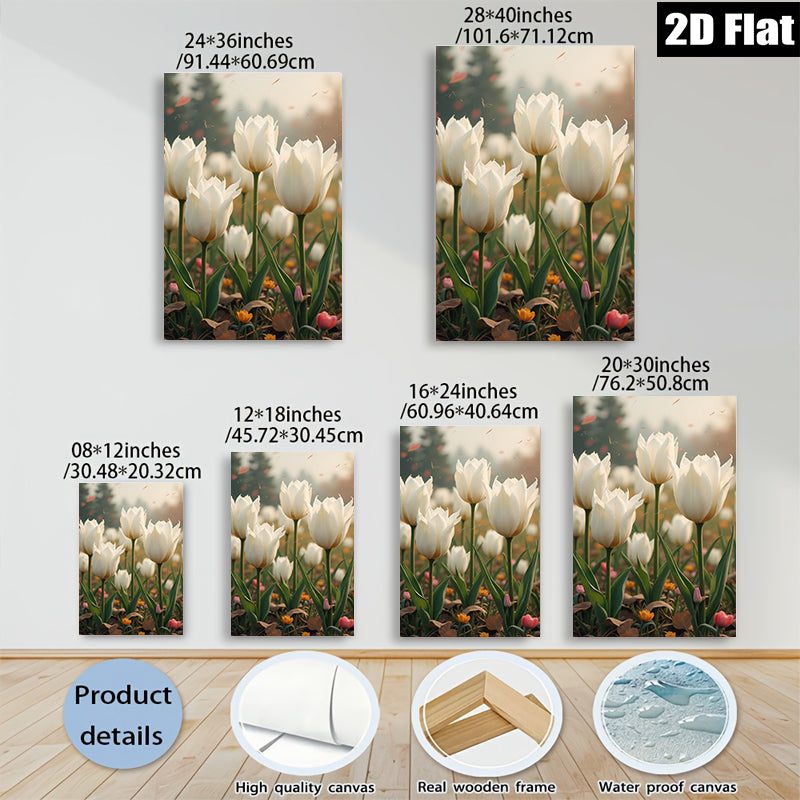 2D flat 1pc blooming white tulips field spring floral wall art canvas prints for living room bedroom home decor farmhouse style modern botanical inspirational cozy gallery wrapped