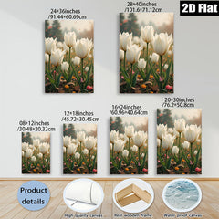 2D flat 1pc blooming white tulips field spring floral wall art canvas prints for living room bedroom home decor farmhouse style modern botanical inspirational cozy gallery wrapped