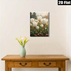 2D flat 1pc blooming white tulips field spring floral wall art canvas prints for living room bedroom home decor farmhouse style modern botanical inspirational cozy gallery wrapped