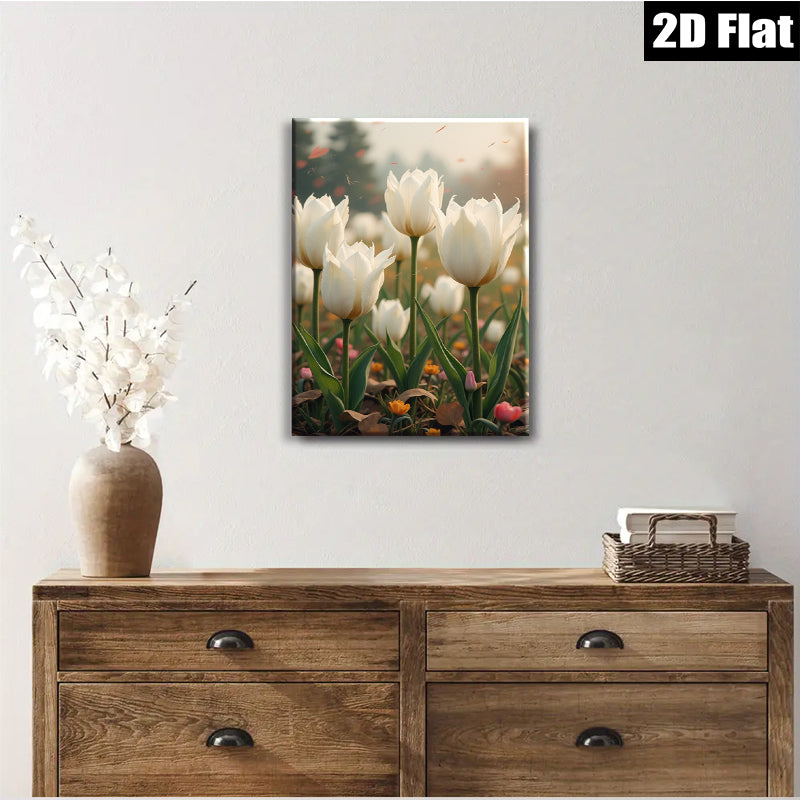2D flat 1pc blooming white tulips field spring floral wall art canvas prints for living room bedroom home decor farmhouse style modern botanical inspirational cozy gallery wrapped