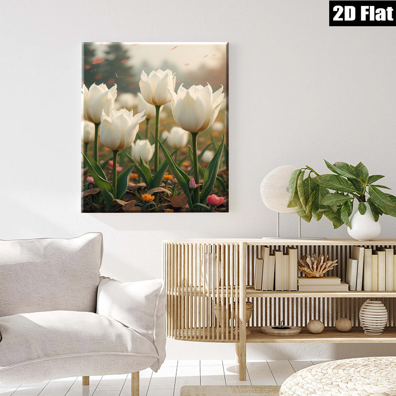 2D flat 1pc blooming white tulips field spring floral wall art canvas prints for living room bedroom home decor farmhouse style modern botanical inspirational cozy gallery wrapped
