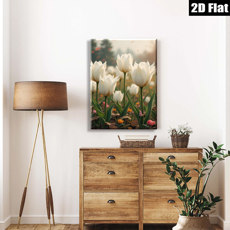 2D flat 1pc blooming white tulips field spring floral wall art canvas prints for living room bedroom home decor farmhouse style modern botanical inspirational cozy gallery wrapped