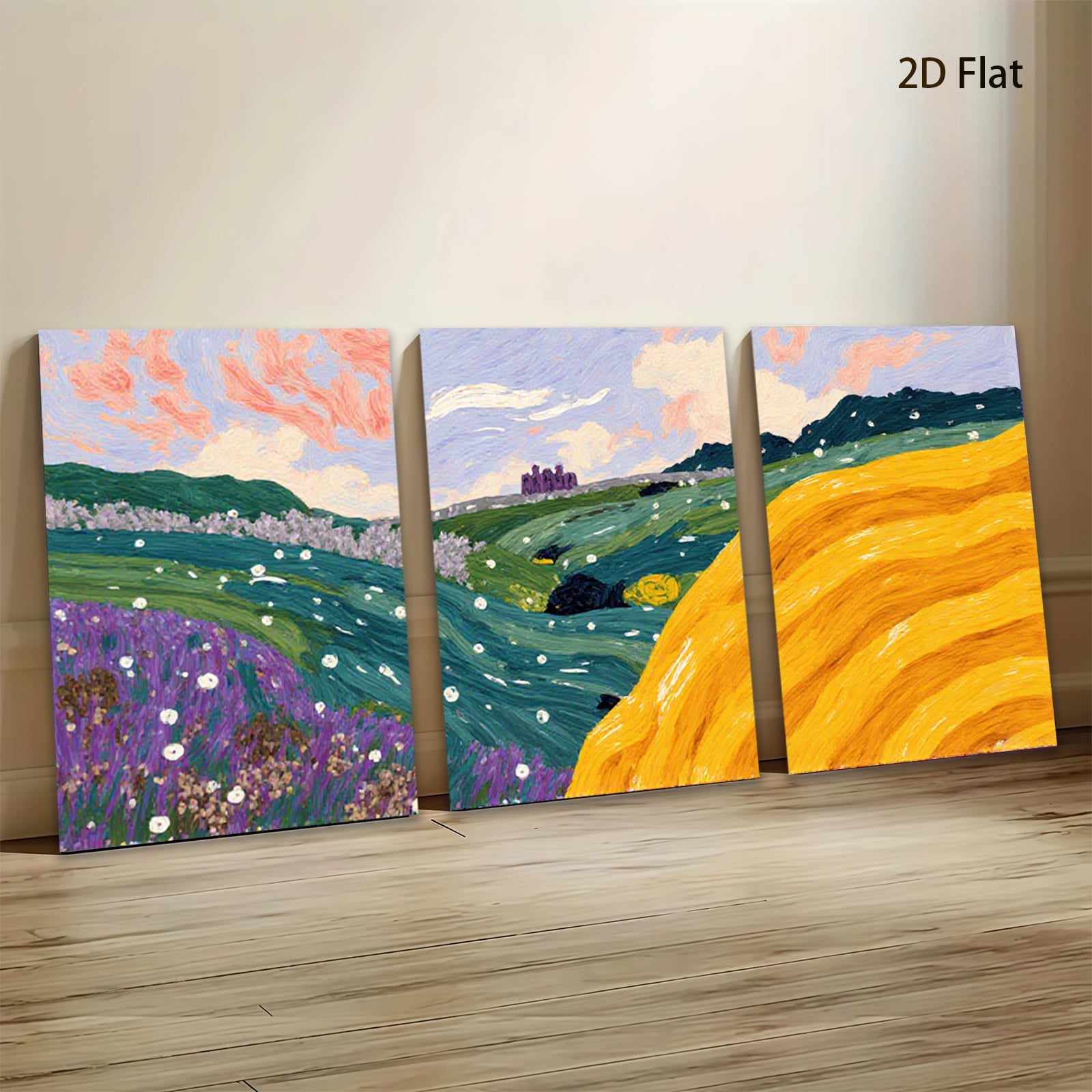 2D flat 1pc blooming wildflower meadow hillside landscape wall art for living room bedroom home decor farmhouse style gallery wrapped canvas prints modern abstract floral painting