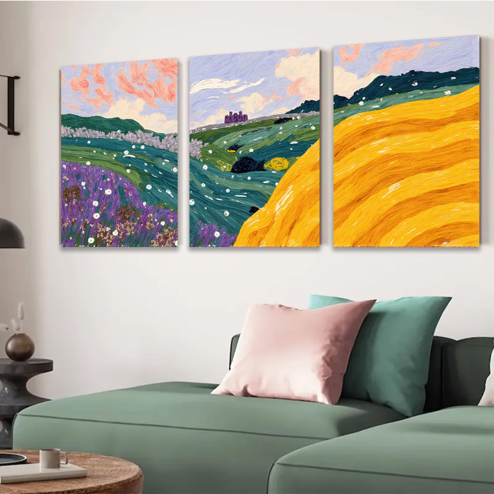 2D flat 1pc blooming wildflower meadow hillside landscape wall art for living room bedroom home decor farmhouse style gallery wrapped canvas prints modern abstract floral painting
