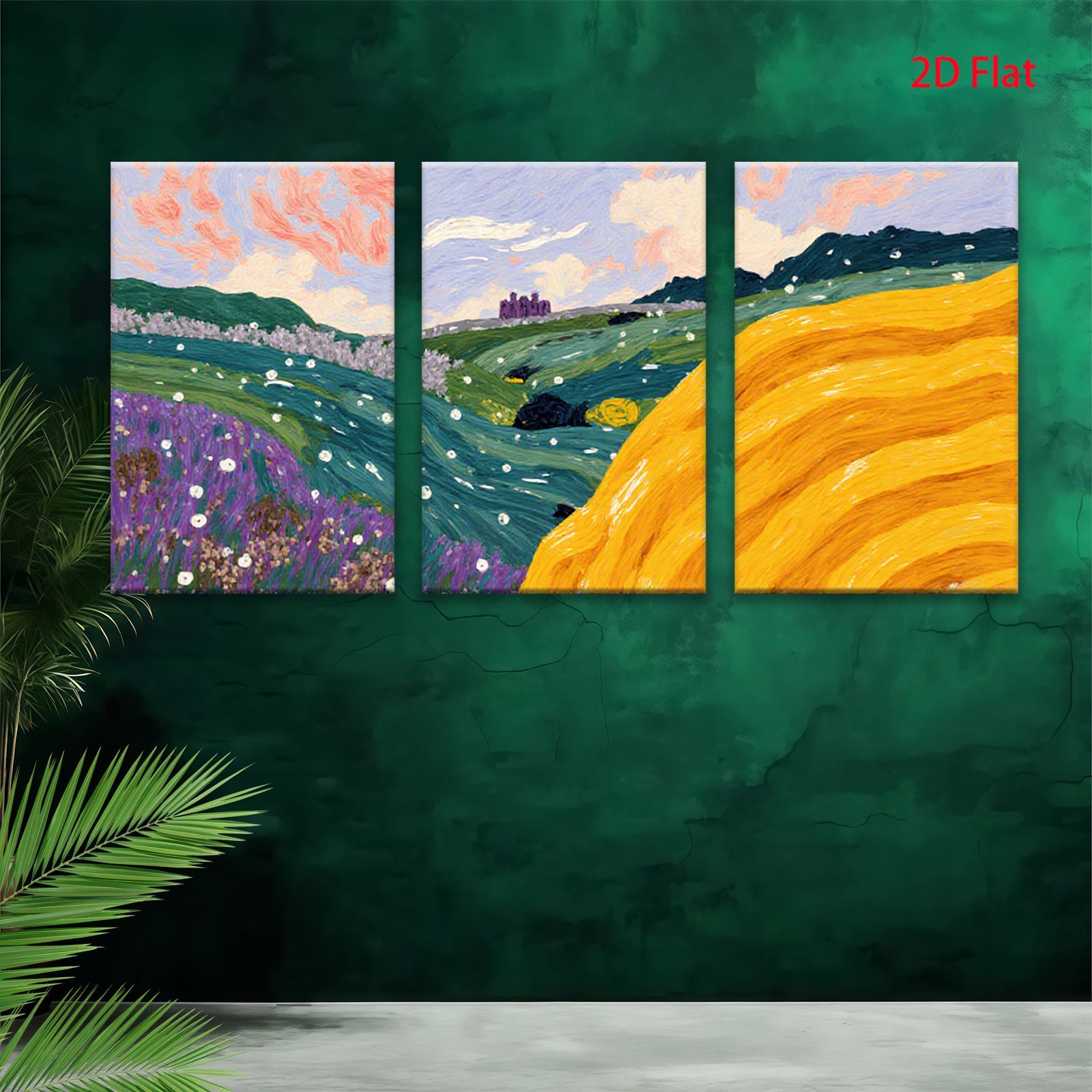 2D flat 1pc blooming wildflower meadow hillside landscape wall art for living room bedroom home decor farmhouse style gallery wrapped canvas prints modern abstract floral painting