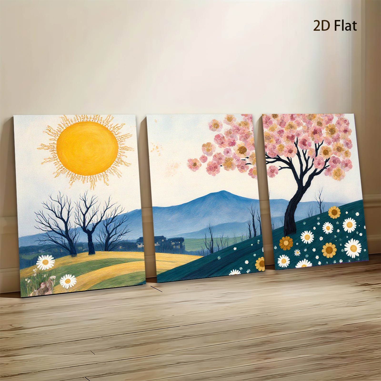 2D flat 1pc blooming wildflowers hillside vista cozy farmhouse wall decor living room bedroom gallery wrapped canvas print modern botanical art