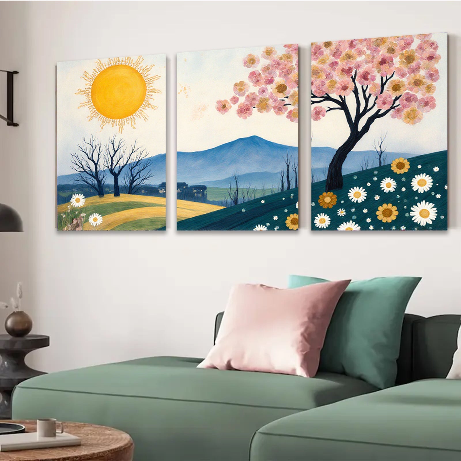 2D flat 1pc blooming wildflowers hillside vista cozy farmhouse wall decor living room bedroom gallery wrapped canvas print modern botanical art