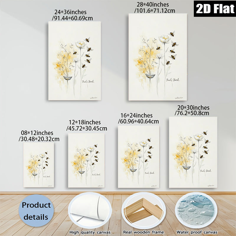2D flat 1pc blooming wildflowers with busy bees botanical wall art for living room bedroom gallery wrapped canvas farmhouse style modern minimalist d��cor