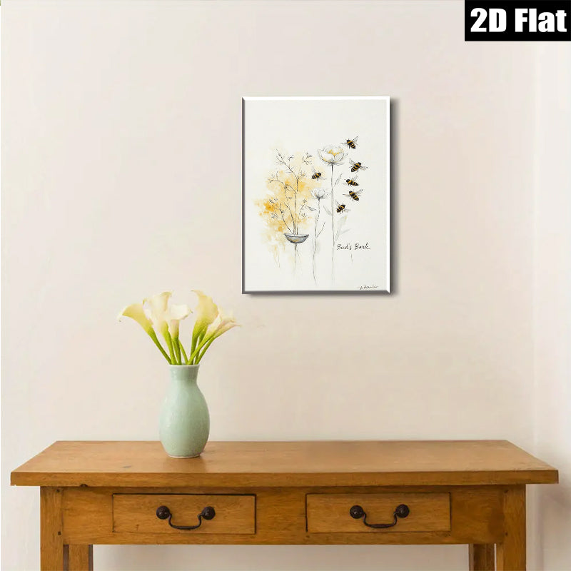 2D flat 1pc blooming wildflowers with busy bees botanical wall art for living room bedroom gallery wrapped canvas farmhouse style modern minimalist d��cor