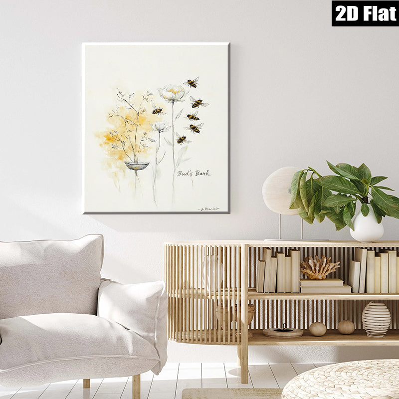 2D flat 1pc blooming wildflowers with busy bees botanical wall art for living room bedroom gallery wrapped canvas farmhouse style modern minimalist d��cor