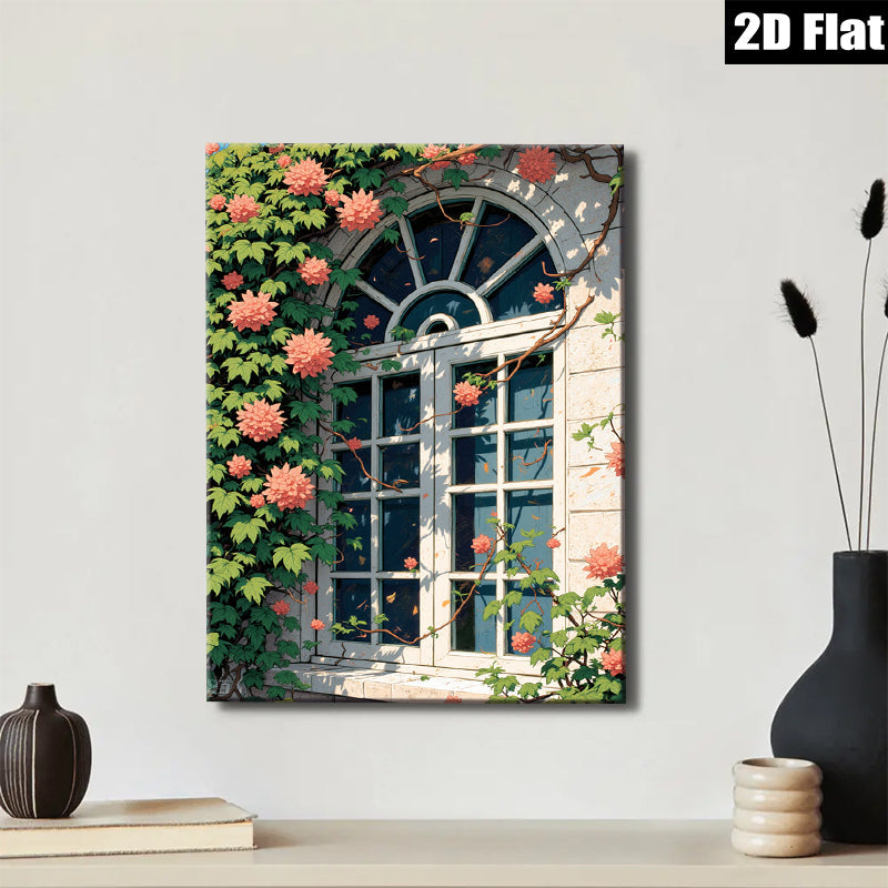 2D flat 1pc blooming window floral garden wall art canvas prints for living room bedroom home decor farmhouse style botanical modern minimalist