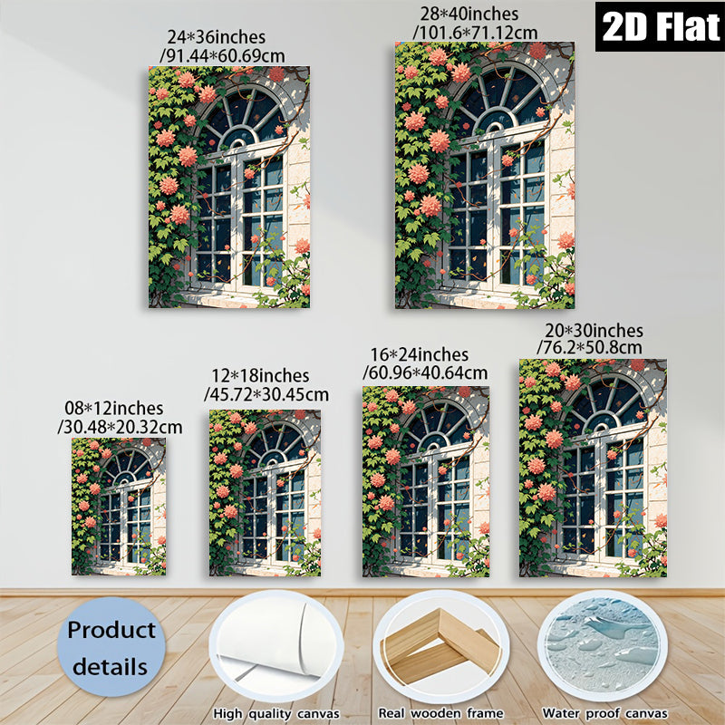 2D flat 1pc blooming window floral garden wall art canvas prints for living room bedroom home decor farmhouse style botanical modern minimalist