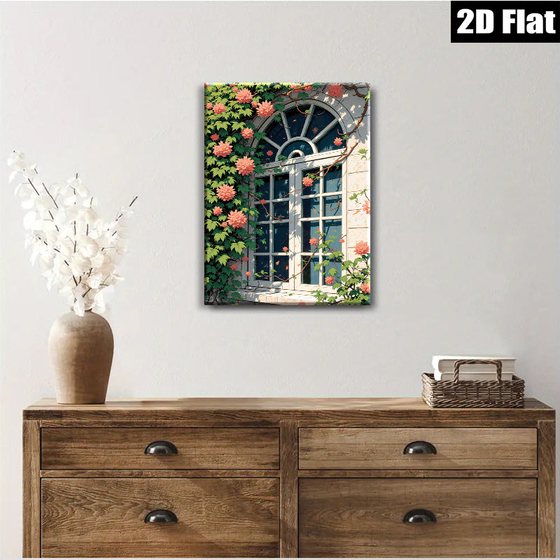 2D flat 1pc blooming window floral garden wall art canvas prints for living room bedroom home decor farmhouse style botanical modern minimalist