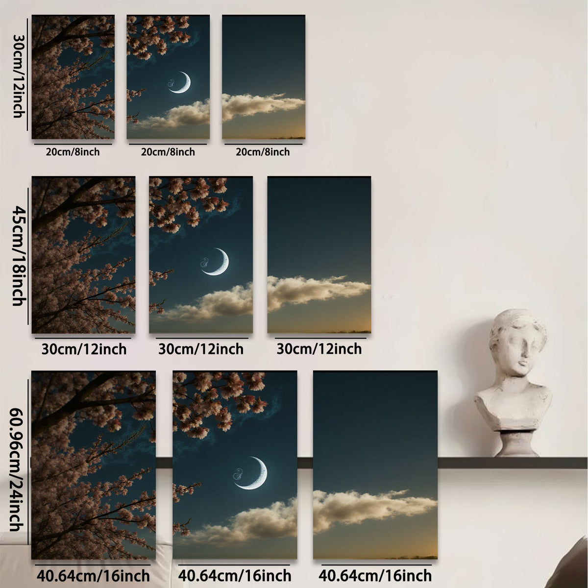 2D flat 1pc blossoming branch under crescent moon wall art for living room bedroom gallery wrapped canvas prints farmhouse decor modern minimalist style cozy home accents