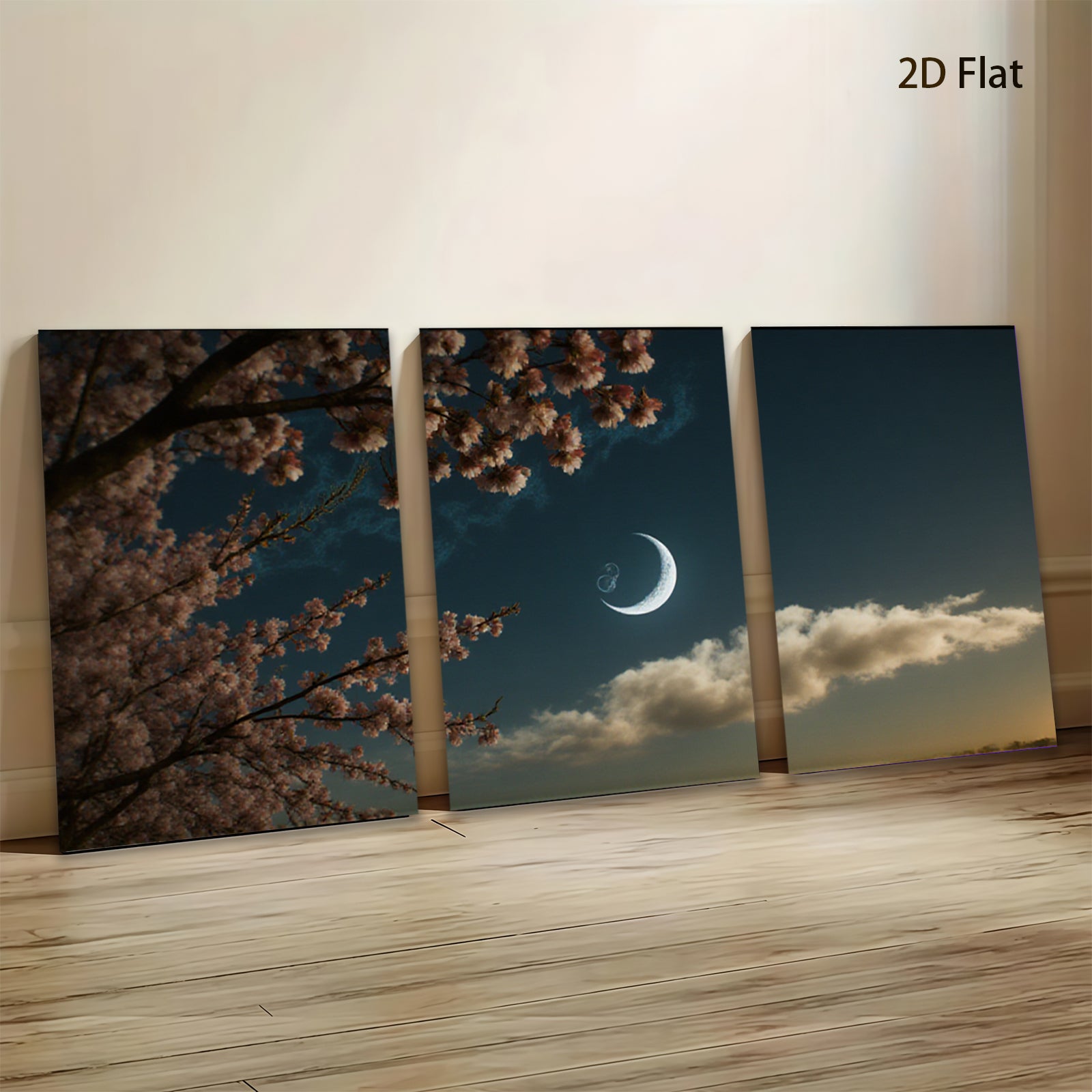 2D flat 1pc blossoming branch under crescent moon wall art for living room bedroom gallery wrapped canvas prints farmhouse decor modern minimalist style cozy home accents