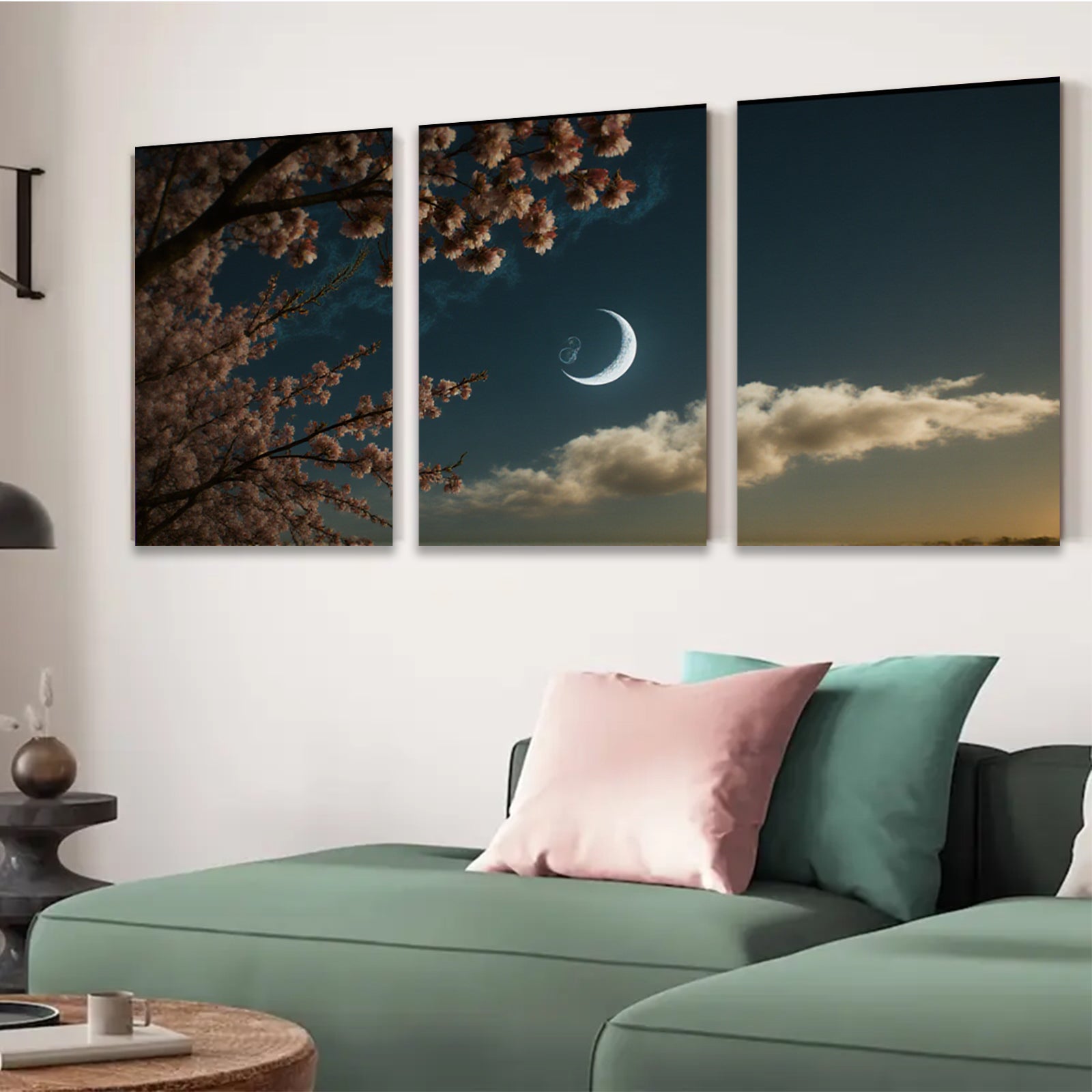 2D flat 1pc blossoming branch under crescent moon wall art for living room bedroom gallery wrapped canvas prints farmhouse decor modern minimalist style cozy home accents
