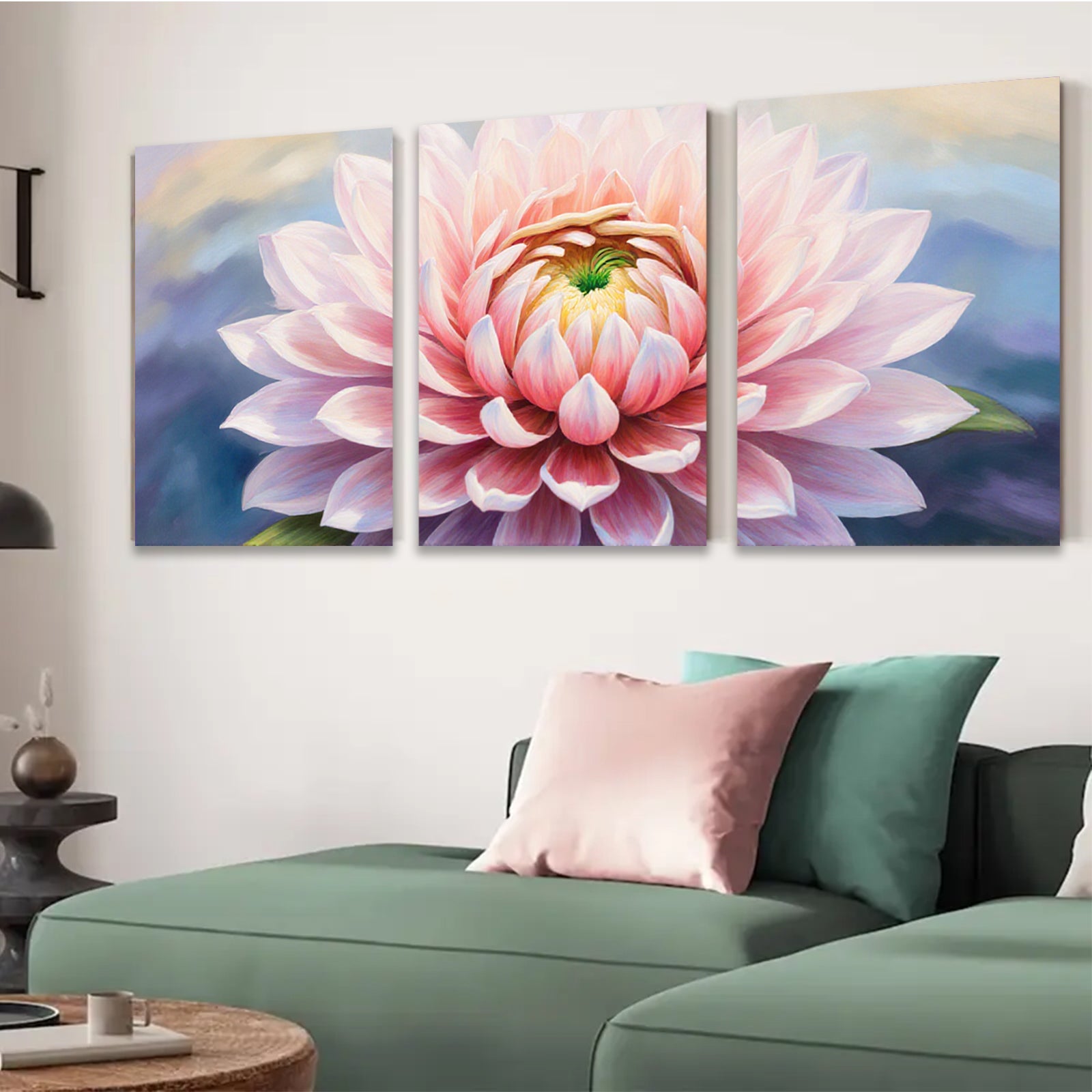 2D flat 1pc blush pink dahlia bloom floral wall art for living room bedroom home decor farmhouse style gallery wrapped canvas prints modern aesthetic