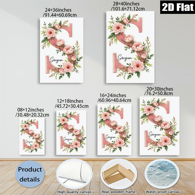 2D flat 1pc blush pink floral initial letter wall art canvas prints for bedroom living room home decor farmhouse style modern minimalist aesthetic gallery wrapped