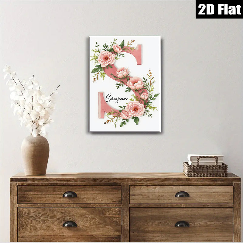 2D flat 1pc blush pink floral initial letter wall art canvas prints for bedroom living room home decor farmhouse style modern minimalist aesthetic gallery wrapped