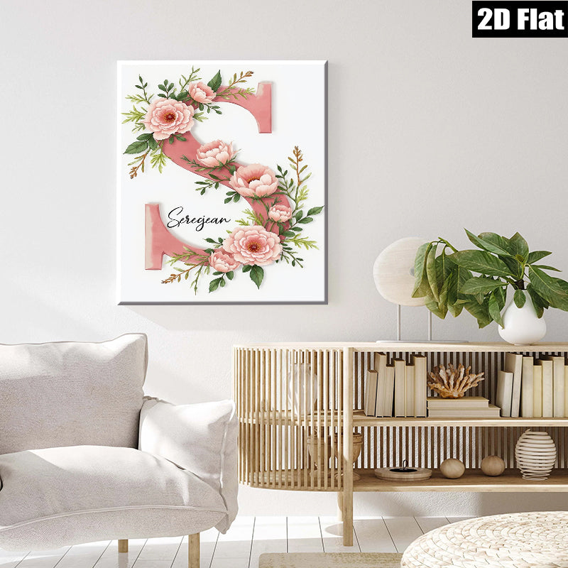 2D flat 1pc blush pink floral initial letter wall art canvas prints for bedroom living room home decor farmhouse style modern minimalist aesthetic gallery wrapped