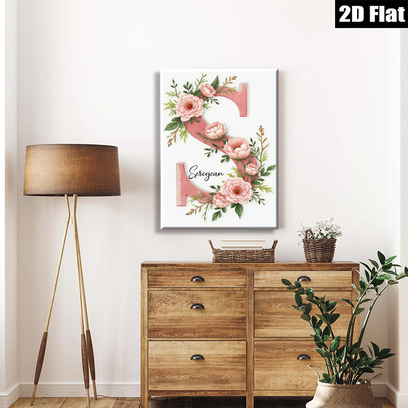2D flat 1pc blush pink floral initial letter wall art canvas prints for bedroom living room home decor farmhouse style modern minimalist aesthetic gallery wrapped