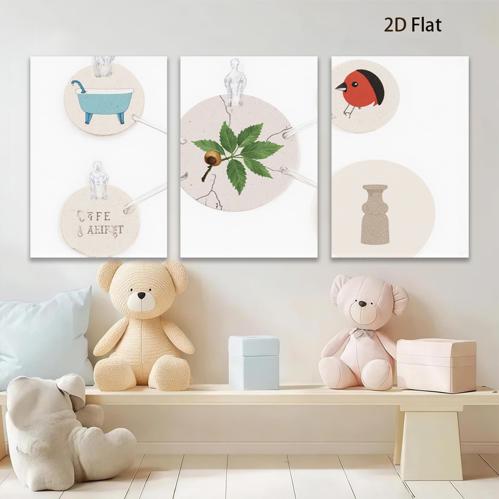 2D flat 1pc botanical study with bird vase farmhouse wall art decor living room bedroom gallery wrapped canvas print modern minimalist aesthetic