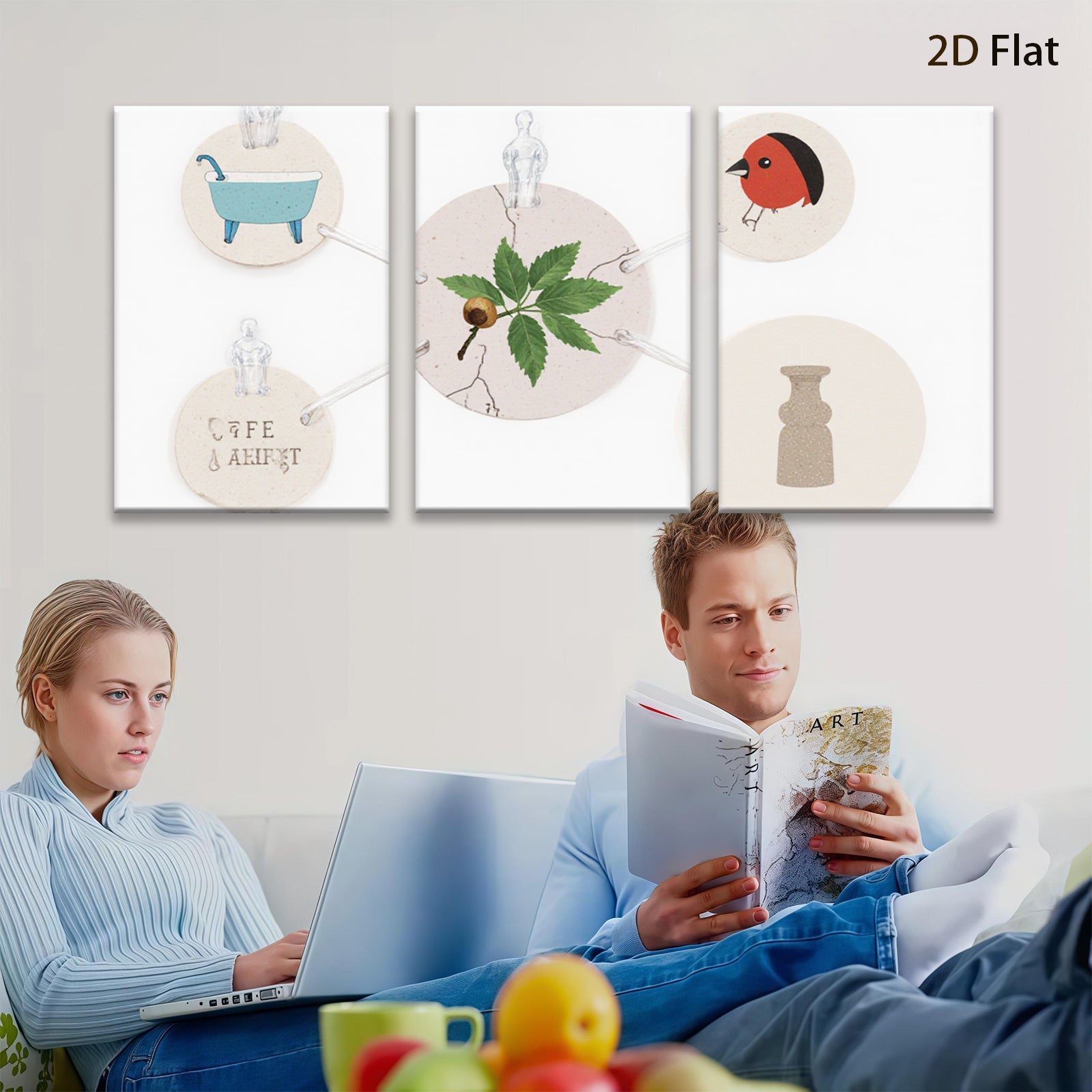 2D flat 1pc botanical study with bird vase farmhouse wall art decor living room bedroom gallery wrapped canvas print modern minimalist aesthetic