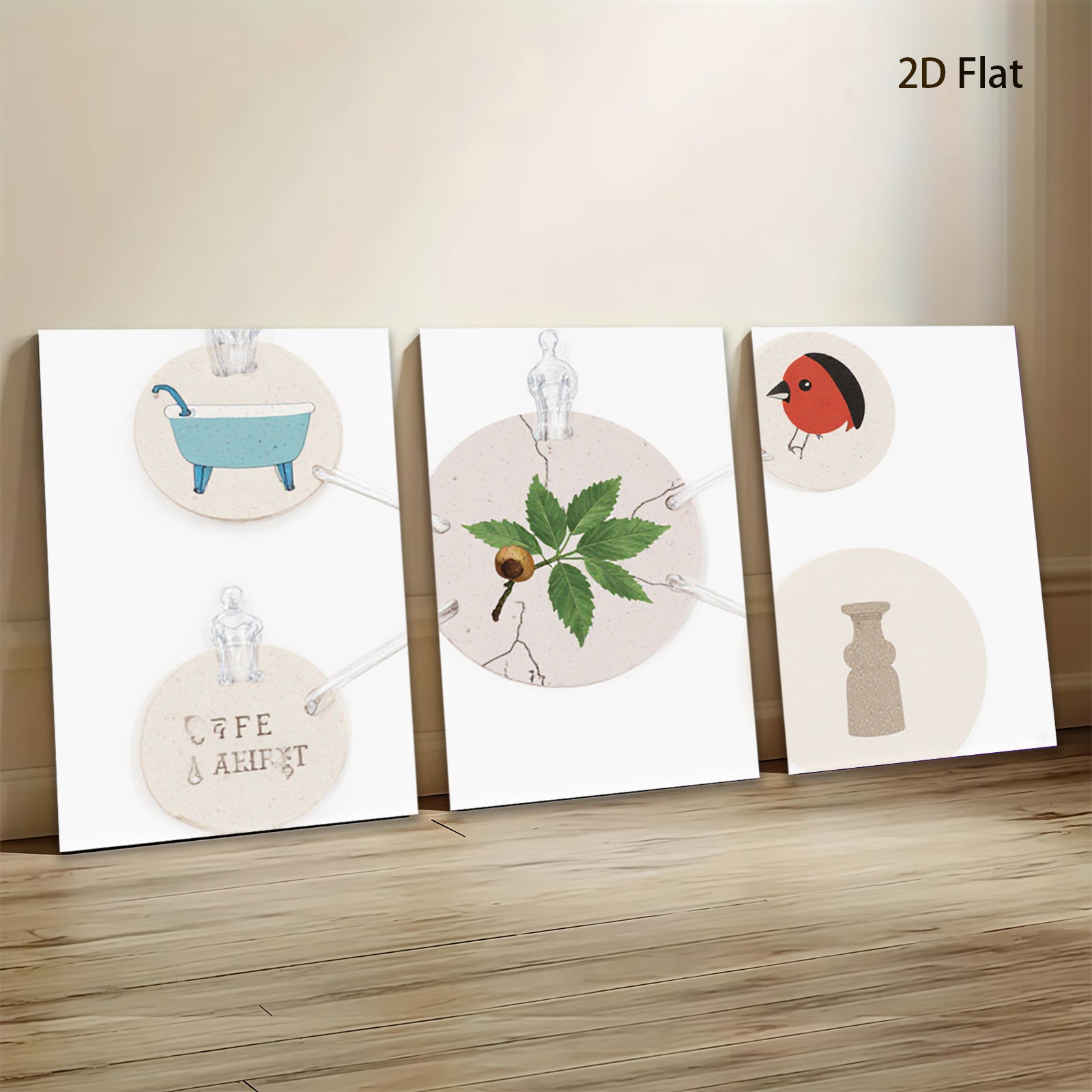 2D flat 1pc botanical study with bird vase farmhouse wall art decor living room bedroom gallery wrapped canvas print modern minimalist aesthetic