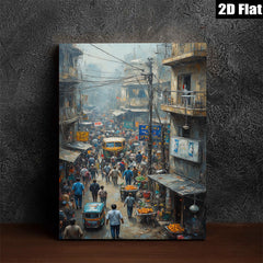 2D flat 1pc bustling market street India vibrant city life wall art decor farmhouse style living room bedroom gallery wrapped canvas print