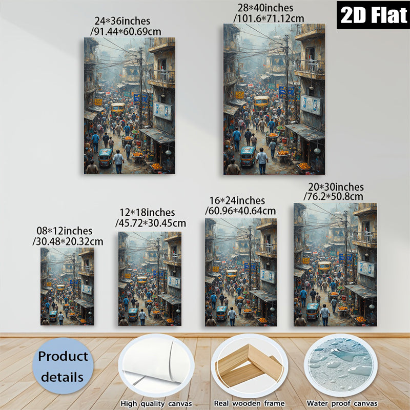 2D flat 1pc bustling market street India vibrant city life wall art decor farmhouse style living room bedroom gallery wrapped canvas print